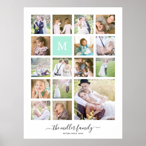 Monogram Name Calligraphy White 16 Photo Collage Poster