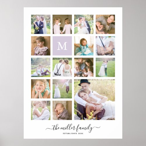 Monogram Name Calligraphy White 16 Photo Collage Poster