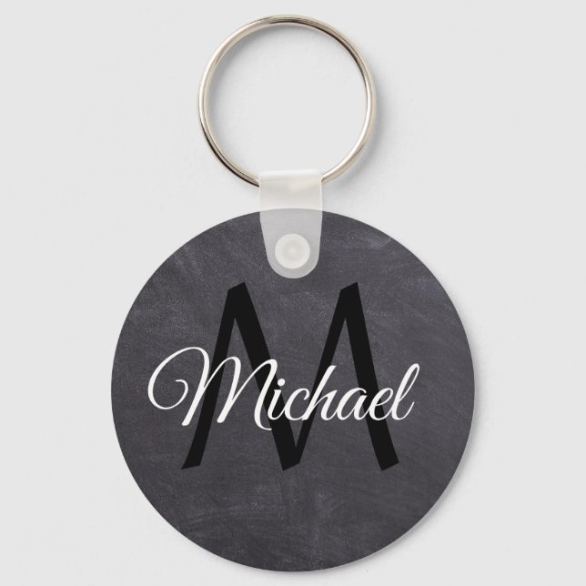 Monogram name, chalkboard, black and white text keychain (Front)