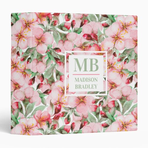 Monogram Name Cherry Blossom Watercolor Floral 3 Ring Binder