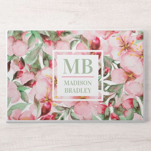 Monogram Name Cherry Blossom Watercolor Floral HP Laptop Skin