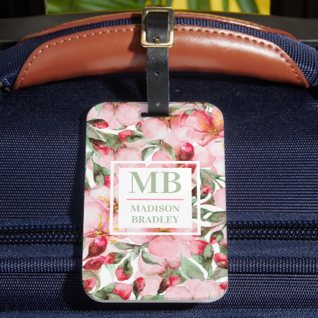 Monogram Name Cherry Blossom Watercolor Floral Luggage Tag (Front Insitu 2)