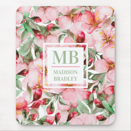 Monogram Name Cherry Blossom Watercolor Floral Mouse Pad