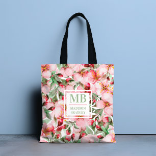 Monogram Name Cherry Blossom Watercolor Floral Tote Bag