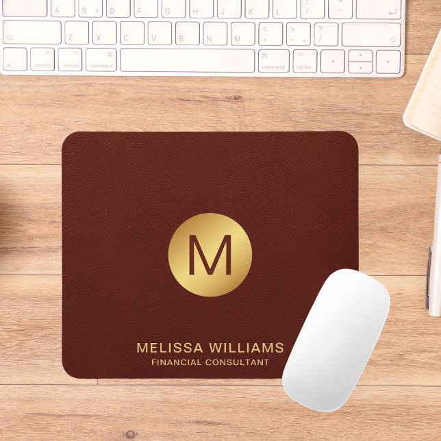 Monogram Name Chic Classy Faux Red Leather & Gold  Mouse Pad (Creator Uploaded)