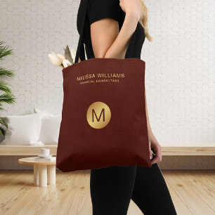 Monogram Name Chic Classy Faux Red Leather & Gold Tote Bag