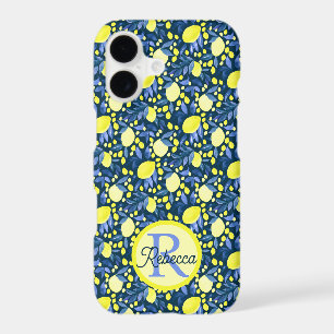 Monogram Name Chic Mediterranean Lemon Blue Leaf iPhone 17 Case