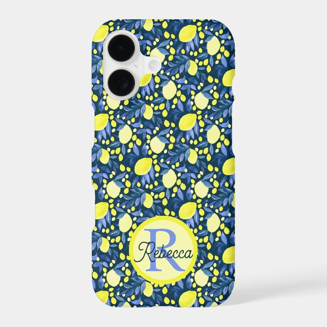 Monogram Name Chic Mediterranean Lemon Blue Leaf iPhone Case (Back)