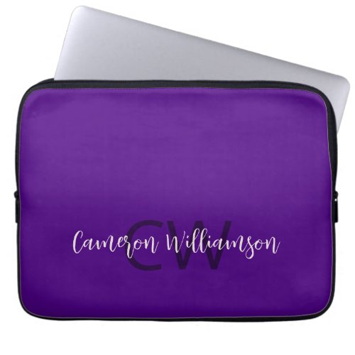 Monogram Name Chic Solid Indigo Purple Laptop Sleeve