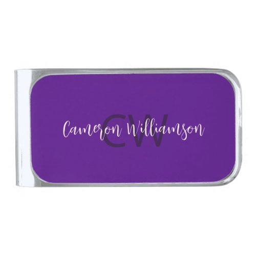 Monogram  Name Chic Solid Indigo Purple Silver Finish Money Clip