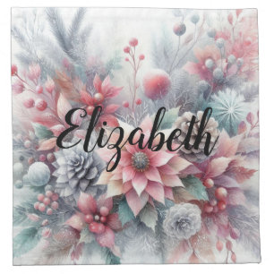 Monogram name Christmas floral pastel watercolor Cloth Napkin