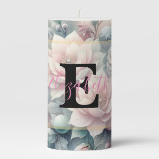 Monogram name Christmas floral pastel watercolor Pillar Candle