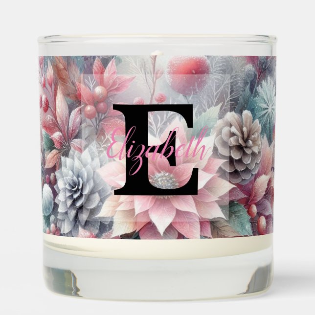 Monogram name Christmas floral pastel watercolor Scented Candle (Front)