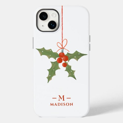 Monogram Name Christmas Holly Winter Floral Case_Mate iPhone 14 Plus Case