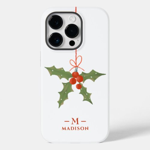 Monogram Name Christmas Holly Winter Floral Case_Mate iPhone 14 Pro Case