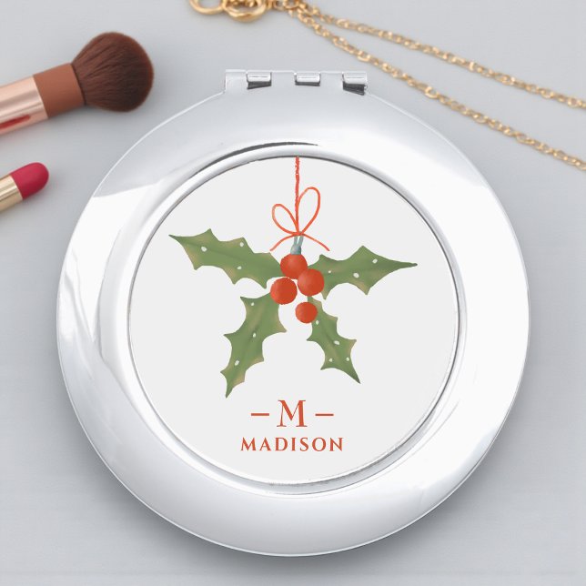Monogram Name Christmas Holly Winter Floral Compact Mirror (Creator Uploaded)