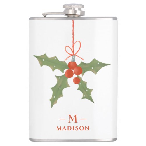 Monogram Name Christmas Holly Winter Floral Flask