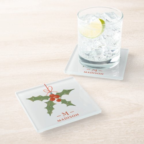 Monogram Name Christmas Holly Winter Floral Glass Coaster