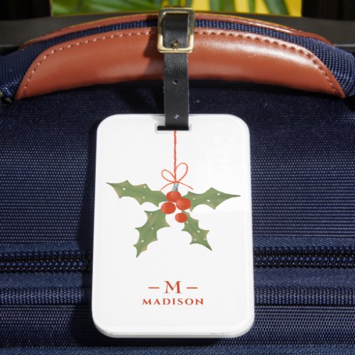 Monogram Name Christmas Holly Winter Floral Luggage Tag