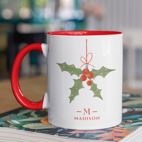 Monogram Name Christmas Holly Winter Floral Mug