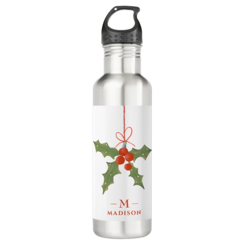 Monogram Name Christmas Holly Winter Floral Stainless Steel Water Bottle