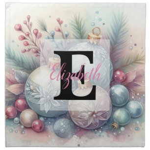 Monogram name Christmas tree ornaments watercolor Cloth Napkin