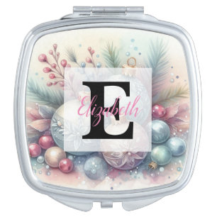 Monogram name Christmas tree ornaments watercolor Compact Mirror