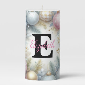 Monogram name Christmas tree ornaments watercolor Pillar Candle