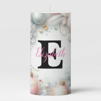 Monogram name Christmas tree ornaments watercolor Pillar Candle