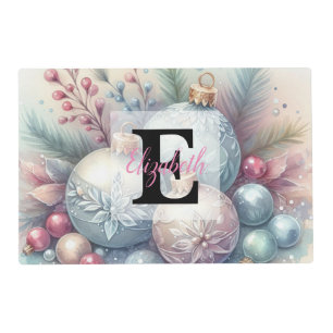 Monogram name Christmas tree ornaments watercolor Placemat