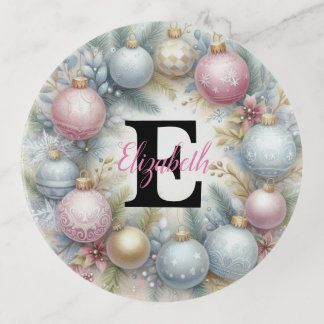 Monogram name Christmas tree ornaments watercolor  Trinket Tray