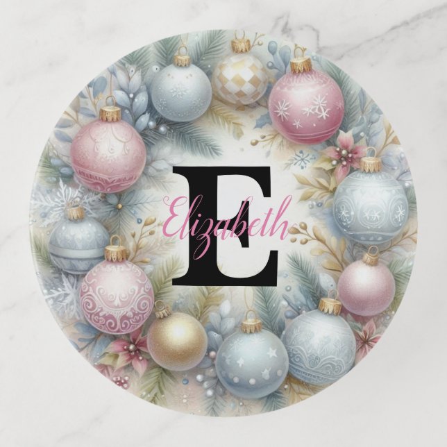 Monogram name Christmas tree ornaments watercolor  Trinket Tray (Front)