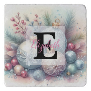 Monogram name Christmas tree ornaments watercolor Trivet