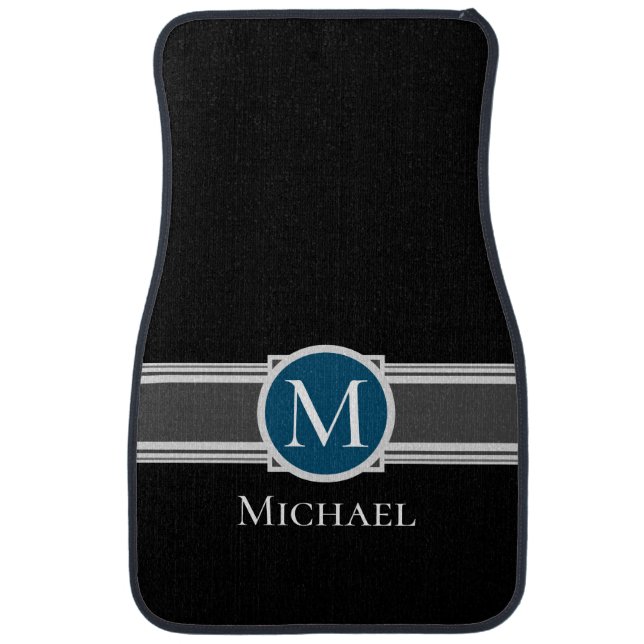 Monogram & Name Classic, White Text, Blue Car Floor Mat (Front)