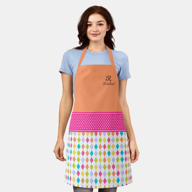 Monogram Name Colorful Diamond Pattern Apron (Worn)