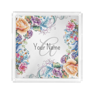 Monogram Name Colorful Floral Frame Elegant Modern Acrylic Tray