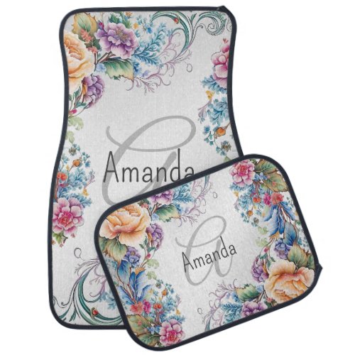 Monogram Name Colorful Floral Frame Elegant Modern Car Floor Mat