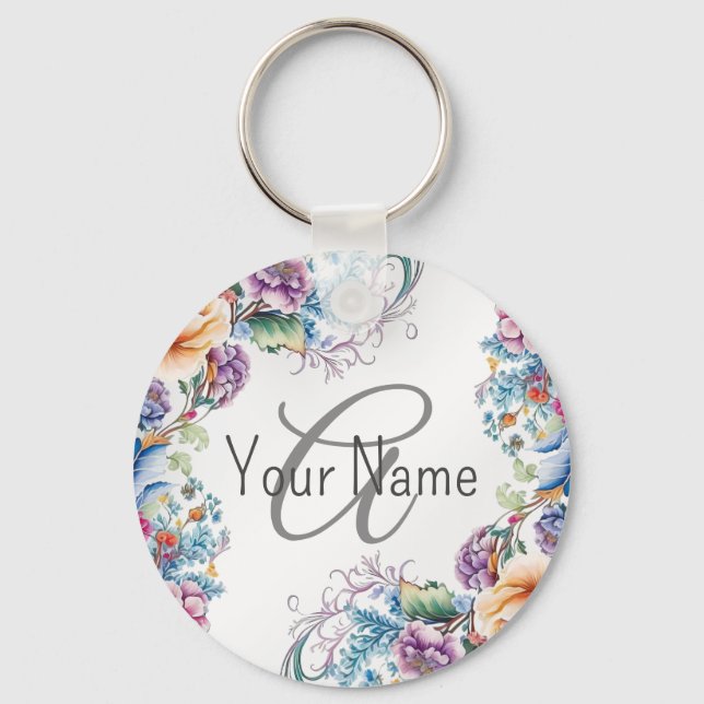 Monogram Name Colorful Floral Frame Elegant Modern Keychain (Front)
