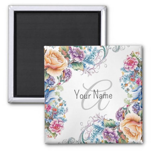 Monogram Name Colorful Floral Frame Elegant Modern Magnet