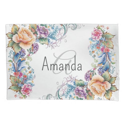 Monogram Name Colorful Floral Frame Elegant Modern Pillow Case