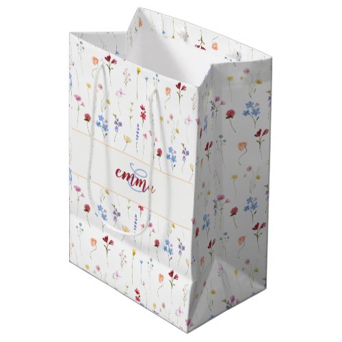 Monogram Name Colorful Garden Wildflower Pattern  Medium Gift Bag