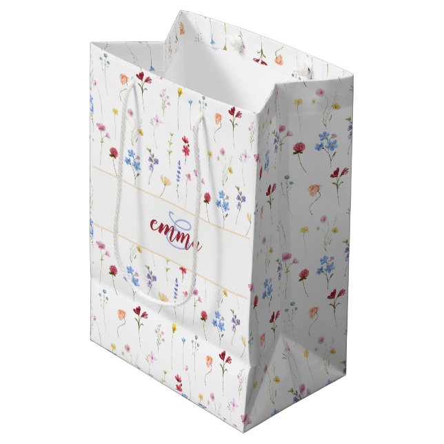 Monogram Name Colorful Garden Wildflower Pattern  Medium Gift Bag (Front Angled)