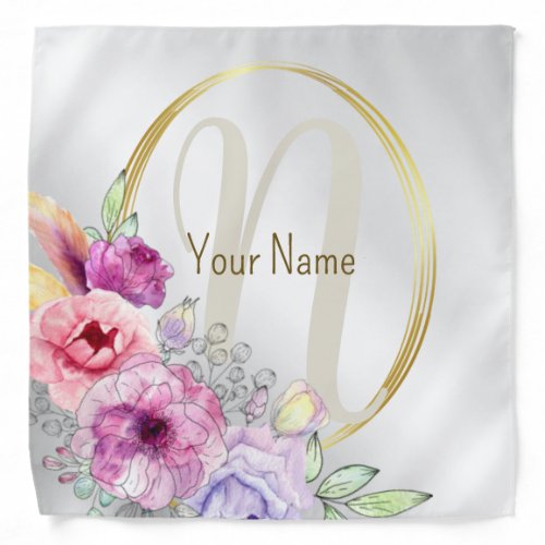 Monogram Name Colorful Pink Floral Golden Frame Bandana