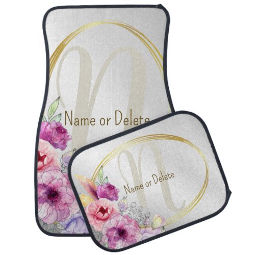 Monogram NameColorful Pink Floral Golden Frame Car Floor Mat