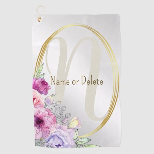 Monogram Name Colorful Pink Floral Golden Frame Golf Towel