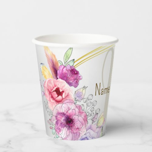 Monogram NameColorful Pink Floral Golden Frame Paper Cups