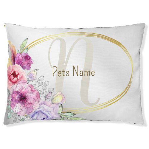 Monogram NameColorful Pink Floral Golden Frame Pet Bed