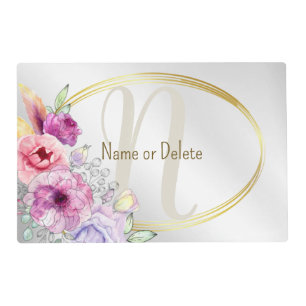 Monogram Name Colorful Pink Floral Golden Frame Placemat