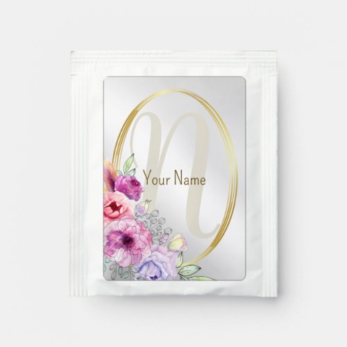 Monogram NameColorful Pink Floral Golden Frame Tea Bag Drink Mix