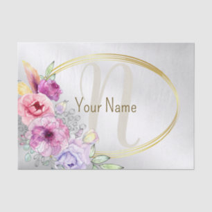 Monogram Name Colorful Pink Floral Golden Frame Tissue Paper